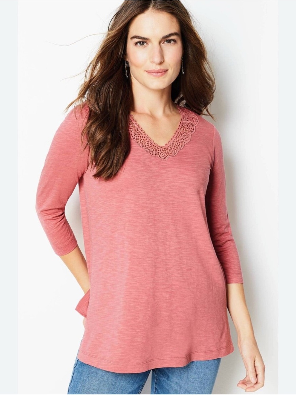 J Jill Tunic Top Rose Pink Crochet Lace V-Neck Beach Coastal Office XL Petite